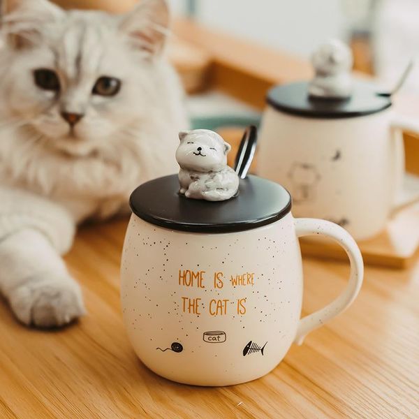 

mugs cute cat mug cartoon pet leisure ceramic water bottle with cover and spoon home heat resistant breakfast cereal coffee cup
