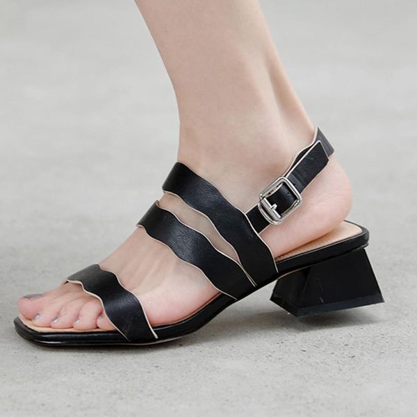 

fashion square heels rome women sandals white genuine leather buckle summer party office shoes woman, Black