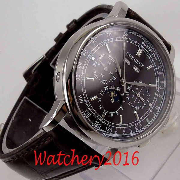 

dial black 42mm moon corgeut phase date day leather tape automatic mechanical men watch, Slivery;brown