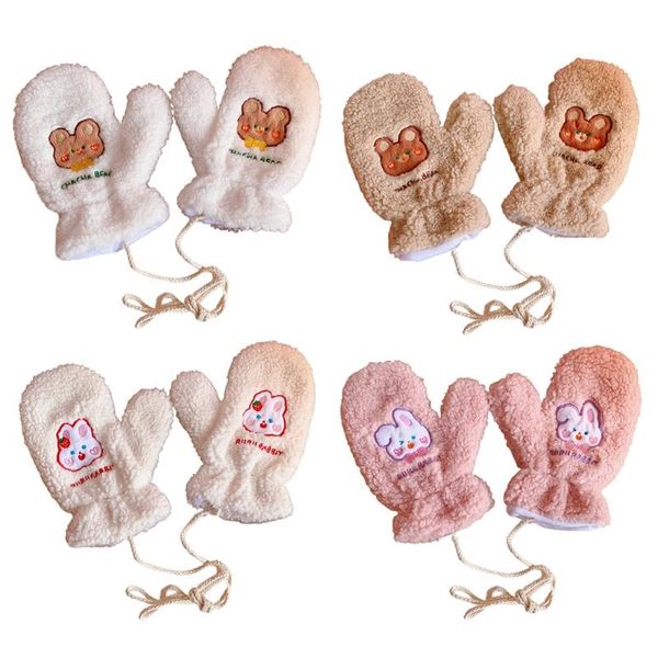 

children's mittens winter plush bear gloves fluffy cartoon animal with string full finger lined for outdoor, White