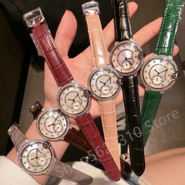 

wristwatches 36mm zircon quartz wrist watch steel multi function clock ladies genuine leather watches mother of pearl dial, Slivery;brown