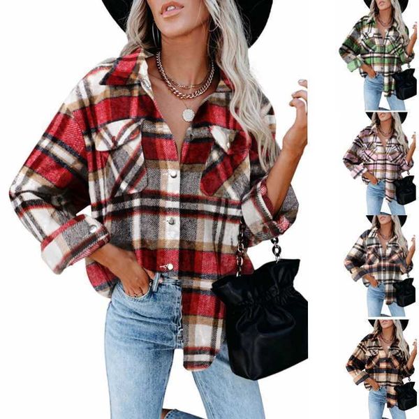

autumn and winter 2021 new plaid shirt women's wool cloth button pocket casual women, White