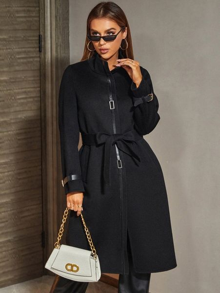 

miegofce square ring detail belted woolen overcoat j1ti#, Black