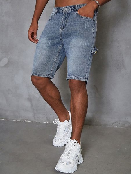 

men zipper fly patched detail denim shorts v5wm#, Blue