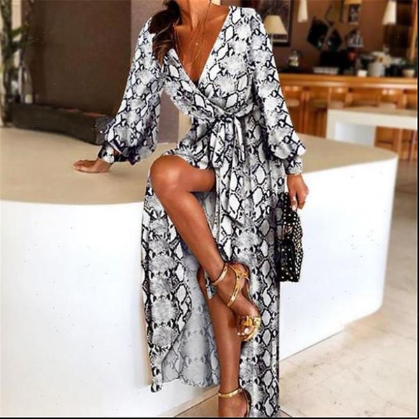 

women dress fashion womens v neck leopard printed long sleeve dresses ladies summer snake skin print party a line, Black;gray