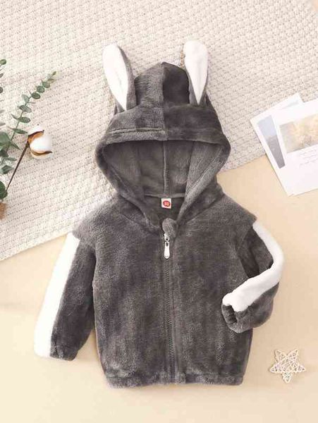 

baby contrast panel 3d ear design hooded flannel coat she, Blue;gray