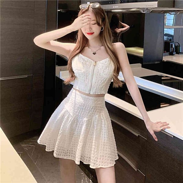 

women summer 2pc dress sets outfits v neck stitching tube sling & high waist pleated mini skirt sets 2 piece suits 210515, Black;gray