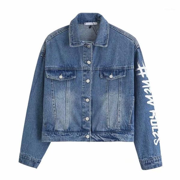 

women's jackets streetwear women cotton denim jacket 2021 fashion ladies word print short coats elegant female chic pocket button outer, Black;brown