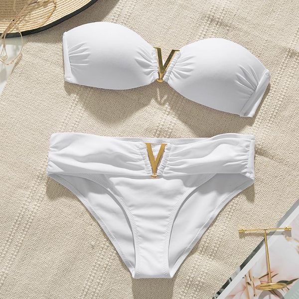 

women's swimwear white push up woman swimsuit 2021 summer beach bikini set solid swimming suit for women bandeau bathing, White;black