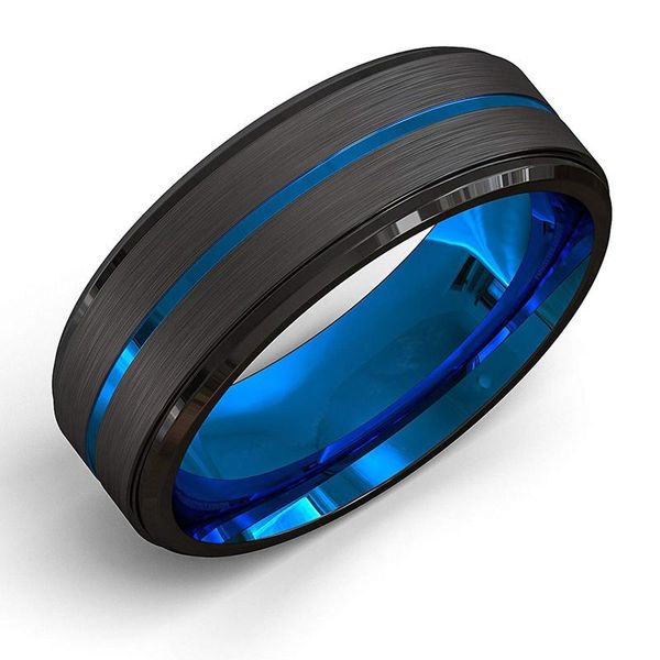 

wedding rings fdlk stainl steel ring with stair edge bed men, modern 8mm blue groove, gift, Slivery;golden