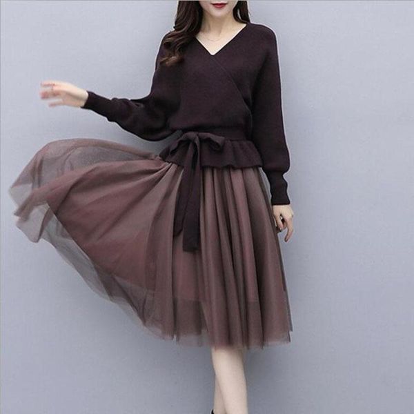 

two piece dress plus size women 2 set 2021 winter clothes elegant outfits casual knitted sweater mesh skirt female 2pcs, White