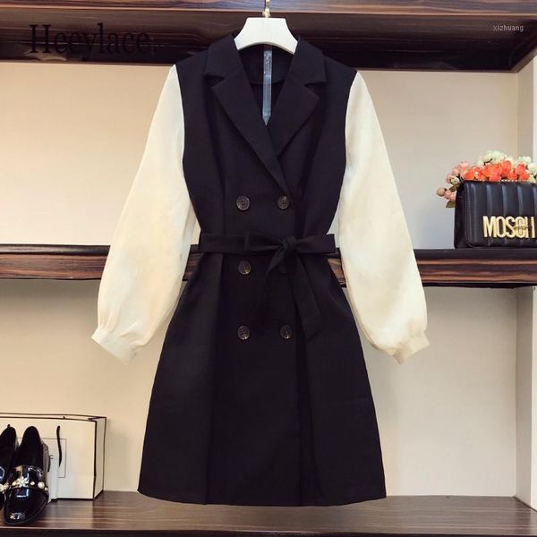 

casual dresses plus size 4xl office ladies elegant long sleeve patchwork notched double breasted high waist a-line midi vestidos mujer, Black;gray