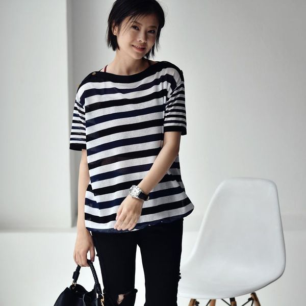 

women's sweaters micoco z9536c literary and artistic contracted collision color blue black white stripe a word collar short sleeves kni, White;black