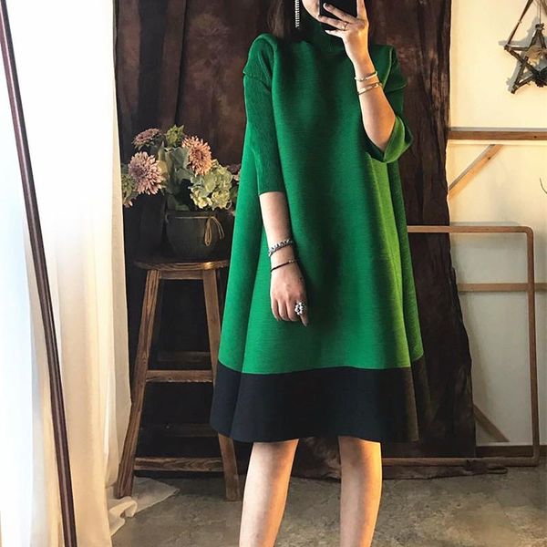 

casual dresses women dress a-line three quarter sleeve loose large size round neck temperament pleated fashion summer 2021 e131, Black;gray