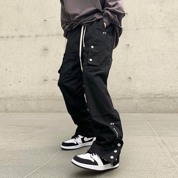 

men's pants ankle zipper multi-pockets vibe overalls mens drawstring solid black straight loose casual cargo hip hop baggy trousers