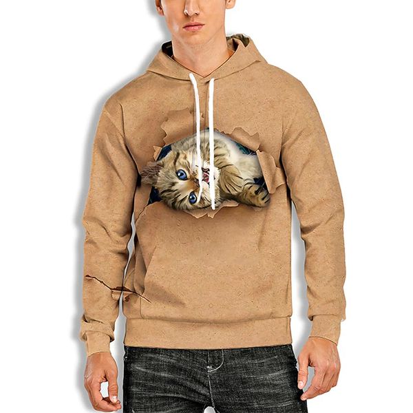 

shy cat pattern fierce 3d printing hoodie visual impact party punk goth round neck sweater hoodie, Black