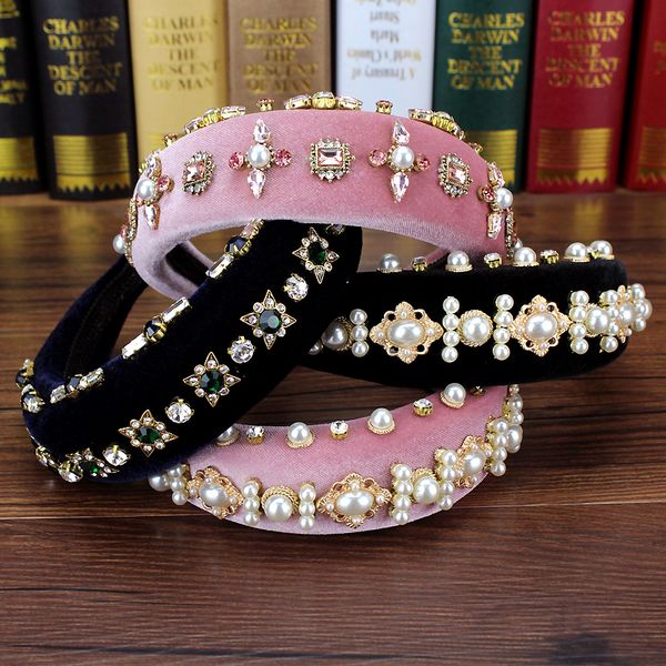 

novel baroque big wide velvet hair band crystal and pearl wedding headband rhinestone hairband fashion women hair accessories j0121, Slivery;golden