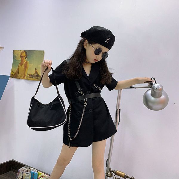 

modern girls dresses summer black cardigan buckle dresses metal chain with strap dress 5 7 11 12 13 years girls children clothes, White