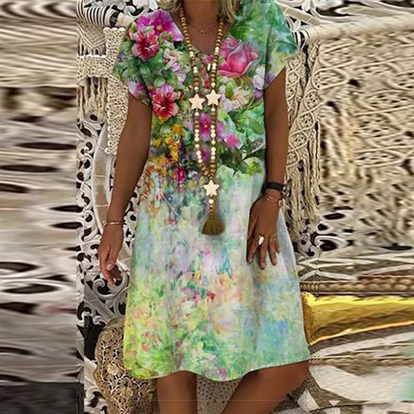 

party dresses 2021 summer floral print short sleeve dress female fashion a-line loose plus size beach vestidos, White;black