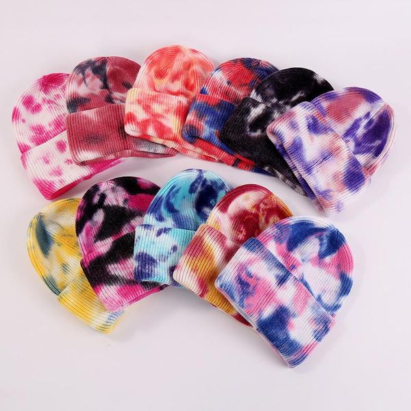 

11 colors ins women tie dyed knitted hats adults rinbow trendy warm chunky soft stretch cable cap knit beanie stingy brim, Yellow