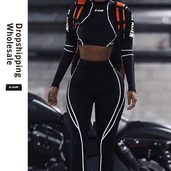 

women's two piece pants laisiyi women fitness sport pieces set letter print turtleneck leggings striped patchwork 2021 fashion 2 pcs tr, White