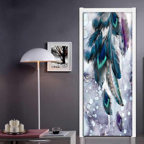 

wallpapers diy creative self-adhesive 3d door sticker modern fashion color feather living room bedroom mural pvc waterproof wall paper