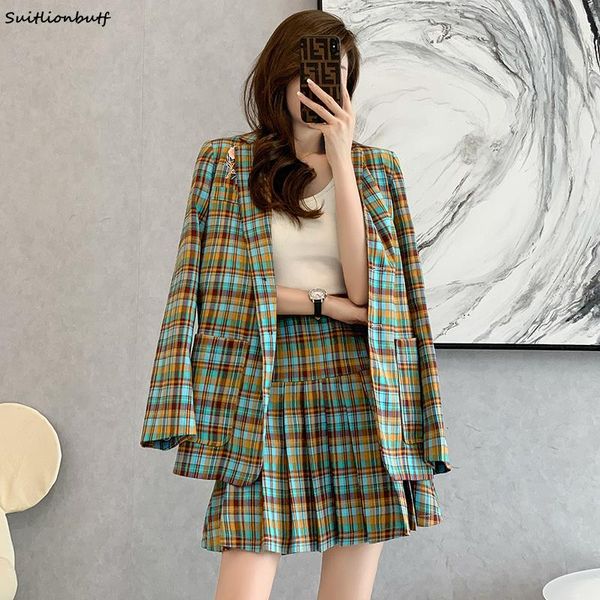 

two piece dress chic color-blocked plaid set women notched flower embroidery long blazers empire pleated skirt elegant suit with, White