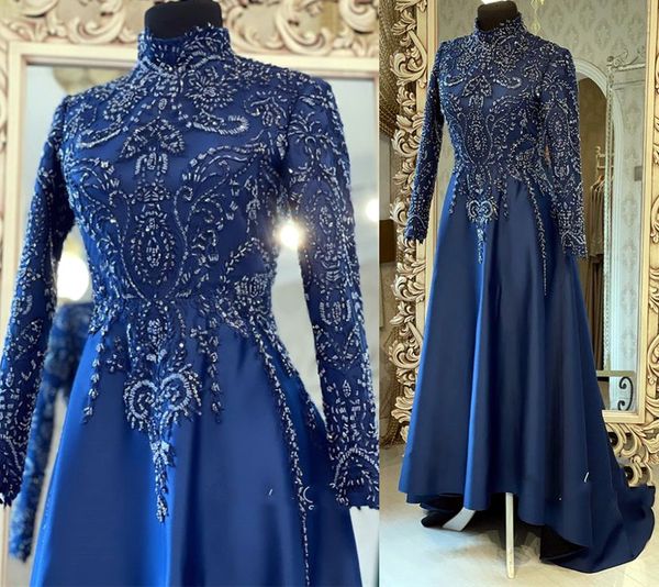 

2021 plus size arabic aso ebi muslim lace beaded prom dresses long sleeves royal blue evening formal party second reception bridesmaid gowns, Black