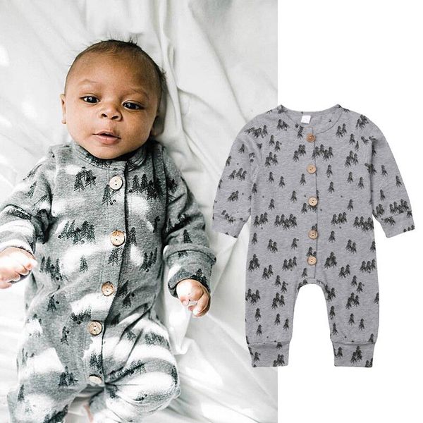 

pine trees print lovely infant baby kids boys girls romper jumpsuit long sleeve single breasted grey cotton romper, White