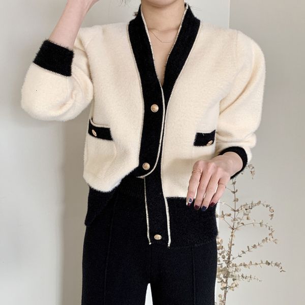 

women's knits & tees korean chic autumn and winter design contrast color plush knitted cardigan loose slimming single breasted v-neck s, White
