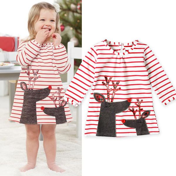

girl's dresses 2021 lovely baby dress kids girls long sleeve o-neck one-piece striped deer cotton toddlers clothes, Red;yellow