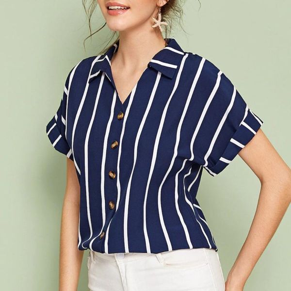 

blusas mujer de moda 2021 women's blouse button pocket stripe short sleeve shirt womens and blouses women kimono & shirts, White