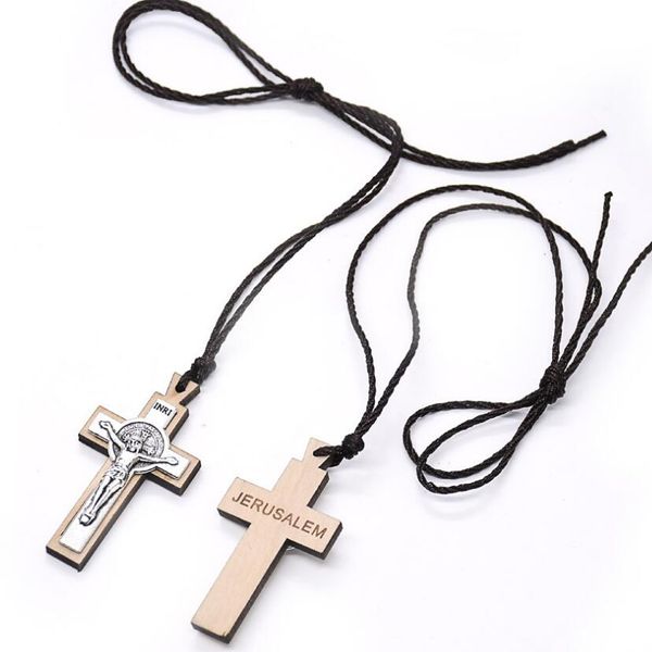 

jesus christianity wooden cross pendant necklace three-dimensional sculpture double layer vintage sweater chain men women jewelry handmade s, Silver