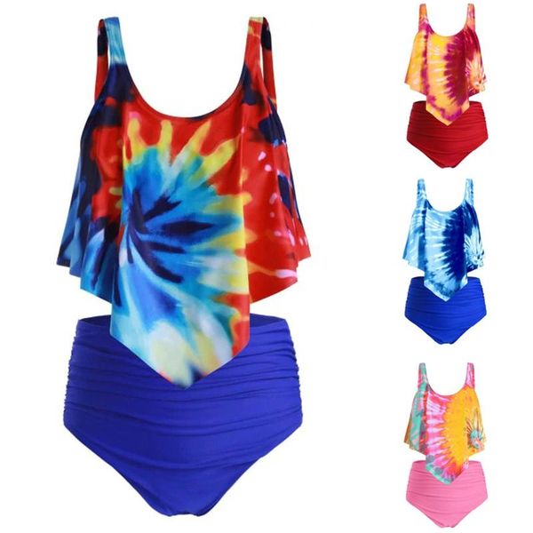 

women's swimwear tie-dyed floral bathing suit ruffled with high waisted bottom tankini set women two pieces maillot de bain femme, White;black