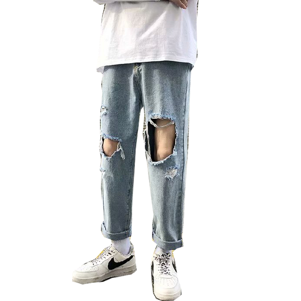 

men's pants thin jeans spring nine-point casual trend korean light blue summer trousers, Black