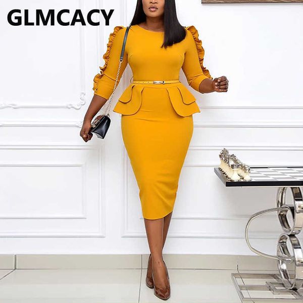 

plus size 3xl women 3/4 sleeve high waist ruffles midi dress classy office ladies chic work dress 210702, Black;gray