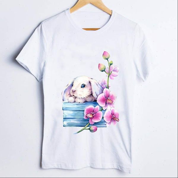 

tees for womens t shirts women cartoon rabbit flower lovely 90s casual short sleeve fashion ladies clothes lady clothing, White