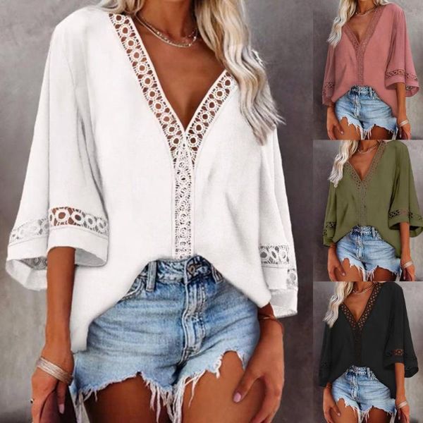 

women's blouses & shirts summer solid color loose 4-color hollow lace v-neck three-quarter sleeve shirt stitching outdoor top, White