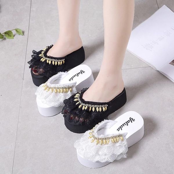 

slippers fashion ladies metal decoration personality lace sleeve sweet comfortable flat non-slip lotus leaf women shoes u30-32, Black
