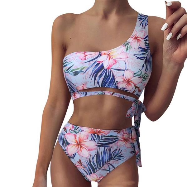 

women's swimwear women one shoulder bikini and high waist briefs tropical pattern printing adjustable belt summer clothes two piece set, White;black