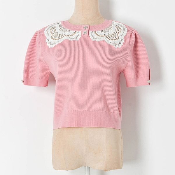 

tee high fashion summer cropped women pink tshirt spliced round neck knitted shirt short sleeve slim blouse top, White