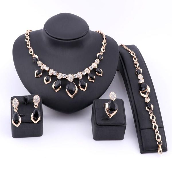 

earrings & necklace wedding dress costume women party gold color african beads jewelry sets crystal black gem bracelet ring, Silver