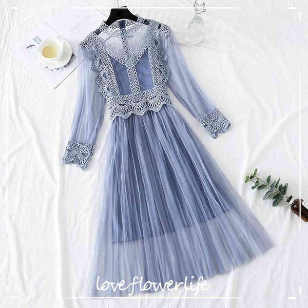 

arrivals lace flower dress women gauze long sleeve voile long dress female sweet princess pleated dress 2 piece set 210521, Black;gray