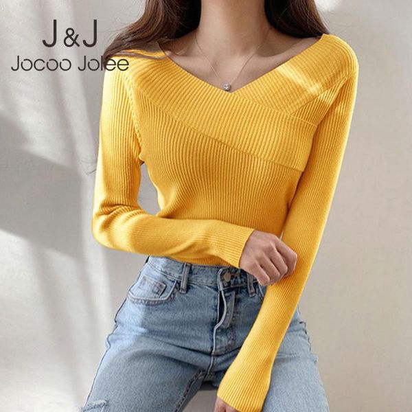 

women's knits & tees fashion v neck women bottoming knitted sweater solid long sleeve pullover autumn winter slash collar lady blouse j, White