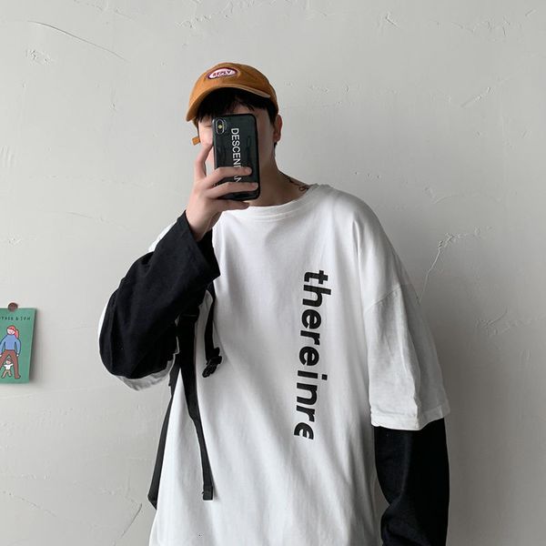 

women's t-shirt men's loose long sleeve t-shirt autumn hong kong style fake two-piece pullover sweatshirt korean full hip-hop, White