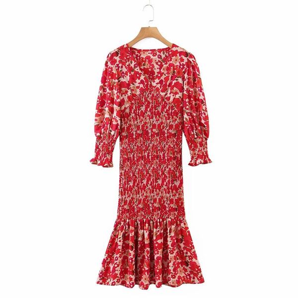 

casual dresses summer long dress women red print ruched midi woman v neck sleeve elegant robe chic vacation, Black;gray