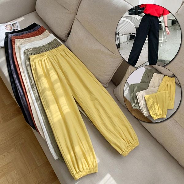 

women's pants & capris women casual long ankle length trousers bloomers lantern summer plus size solid elastic waist cotton linen black, Black;white
