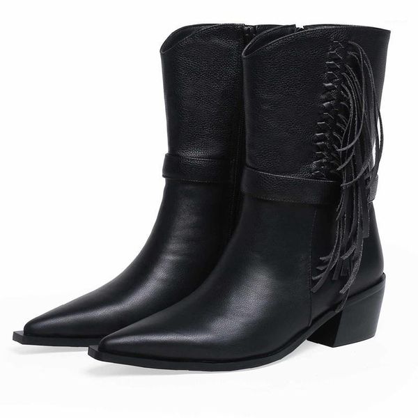 

boots motorcycle women's winter shoes cow leather fringe tassel decoration keep warm mid-calf size 431, Black