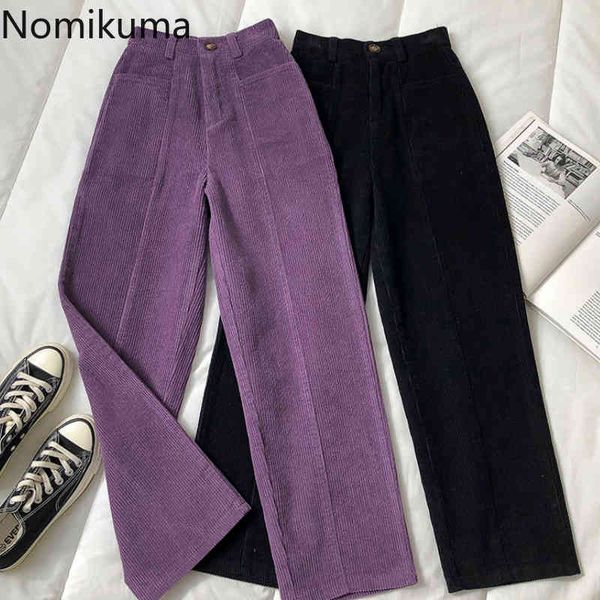 

nomikuma corduroy pants women casual vintage high waist trousers female korean style loose straight pantalones all-match ropa 210514, Black;white