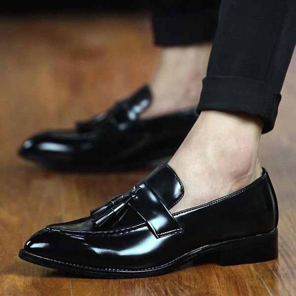 

dress shoes men brogue british oxford pointed toe male gentleman pu leather footwear flats tassel loafers zapatos hombre, Black